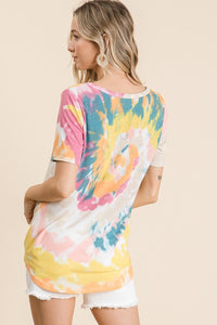 CIRCULAR TIE DYE PRINT V NECK TOP - LAVENDER/BLUE or YELLOW/ORANGE