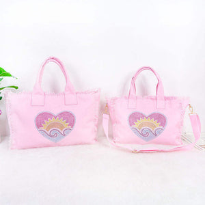 Bling Heart Sun Wave Large Canvas Fringe Tote - Pink or Ivory