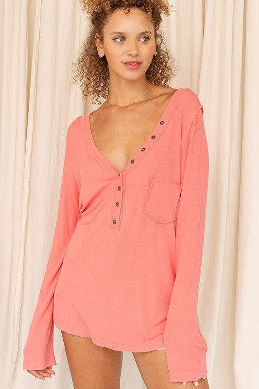 POL V-neck Buttondown Long sleeve top - Beige or Watermelon Pink