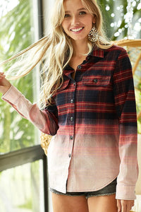 CHECK PLAID BUTTONED UP SHIRT WITH BLEACH EFFECT - RED/BLK or IVORY/BLK