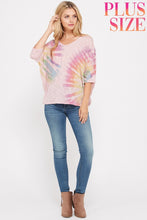 Plus size tie dye v neck knit short sleeve top - Denim or Mauve