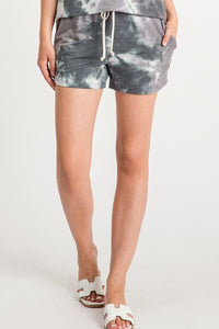 TIE-DYE SHORTS WITH ELASTICIZED WAISTBAND, DRAWSTRINGS, AND SIDE SEAM POCKETS - CHARCOAL or OLIVE