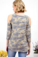 VINTAGE CAMOUFLAGE PRINT COLD SHOULDER TOP - OLIVE CAMO