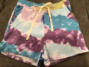 TIE DYE CASUAL SHORTS WITH TWILL TAPE DRAWSTRING - LAVENDER/BLUE