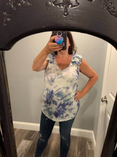 TIE DYE THERMAL WAFFLE V NECK TOP WITH RUFFLE APPLIQUE AT SHOULDER - ASSORTED COLORS