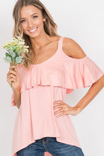 HIGH LOW RUFFLED COLD SHOULDER TOP - NILE BLUE