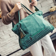 Vegan Leather Suede feel Leather Rivet Tassel Tote Bag w/ Shoulder Strap