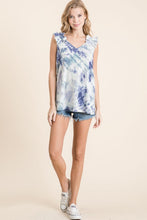 TIE DYE THERMAL WAFFLE V NECK TOP WITH RUFFLE APPLIQUE AT SHOULDER - ASSORTED COLORS