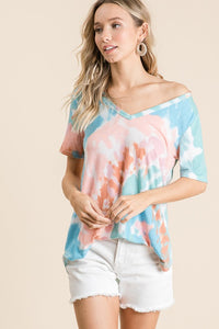 CIRCULAR TIE DYE PRINT V NECK TOP - PEACH/BLUE
