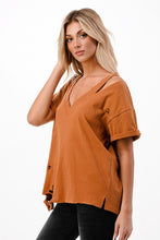 Solid V Neck Short Sleeve Distressed T-Shirt - Black, Camel or Grey