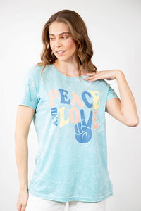 PEACE AND LOVE" Scoop Neck Mineral wash graphic tee - Light Blue
