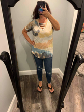 TIE DYE PRINT KNIT  V-NECK TOP WITH STRAPPED FRONT NECK DETAIL