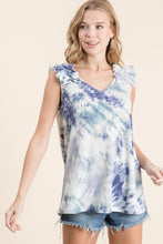 TIE DYE THERMAL WAFFLE V NECK TOP WITH RUFFLE APPLIQUE AT SHOULDER - ASSORTED COLORS