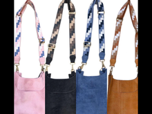 AHDORNED MINI FAUX SUEDE MESSENGER W/1.5" PRINTED ADJUSTABLE WEB STRAP - ASSORTED COLORS