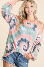 TIE DYE PRINT TERRY TOP WITH COLD SHOULDER DETAIL AND CONTRAST NECK BAND AND CUFFS - ASSORTED COLORS