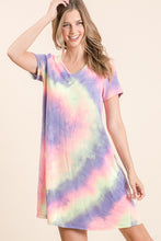 TIE DYE PRINT FRENCH TERRY V NECK MINI DRESS - BLUE/PINK or LAVENDER MIX