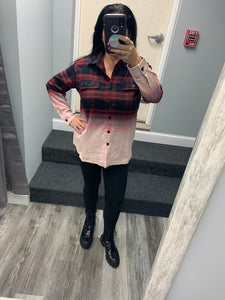 CHECK PLAID BUTTONED UP SHIRT WITH BLEACH EFFECT - RED/BLK or IVORY/BLK