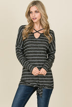 Long Sleeve Criss Cross Neck And Front Tie Detail Hacci Fabric Tunic Top - Charcoal