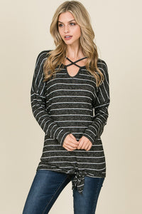 Long Sleeve Criss Cross Neck And Front Tie Detail Hacci Fabric Tunic Top - Charcoal
