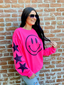 Black Glitter Happy Star Sleeve Sweatshirt - Black, Neon Pink or Light Pink