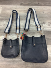 Navy Mini Distressed Vegan Leather Messenger Bag w/ Adjustable Navy/Silver/White Stripe Strap