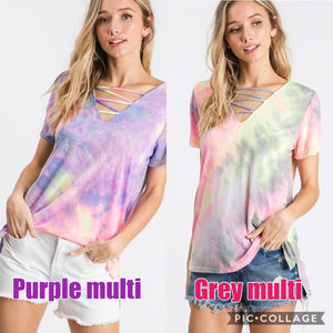 Tie dye cage detail short sleeve top - Purple Multi