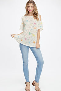 Multi color star all over knit cold shoulder top - Oatmeal