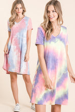 TIE DYE PRINT FRENCH TERRY V NECK MINI DRESS - BLUE/PINK or LAVENDER MIX