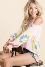 TIE DYE PRINT TERRY TOP WITH COLD SHOULDER DETAIL AND CONTRAST NECK BAND AND CUFFS - ASSORTED COLORS