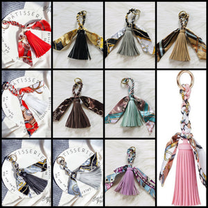 Silk Scarf Tassel PU Leather Keychain Bag Accessory - Assorted Colors