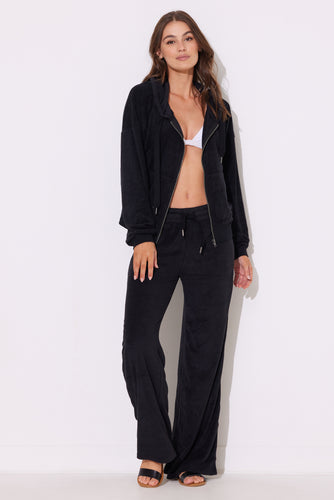 OCEAN DRIVE BLACK TERRY CLOTH HIGH WAIST WIDE LEG PANT - BLACK
