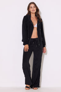 OCEAN DRIVE BLACK TERRY CLOTH HIGH WAIST WIDE LEG PANT - BLACK