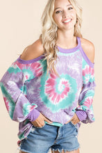 TIE DYE PRINT TERRY TOP WITH COLD SHOULDER DETAIL AND CONTRAST NECK BAND AND CUFFS - ASSORTED COLORS