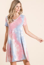 TIE DYE PRINT FRENCH TERRY V NECK MINI DRESS - BLUE/PINK or LAVENDER MIX