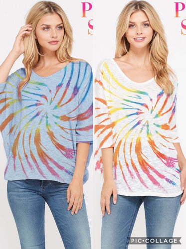 Plus size tie dye v neck knit short sleeve top - Denim or Ivory