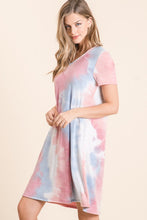 TIE DYE PRINT FRENCH TERRY V NECK MINI DRESS - BLUE/PINK or LAVENDER MIX
